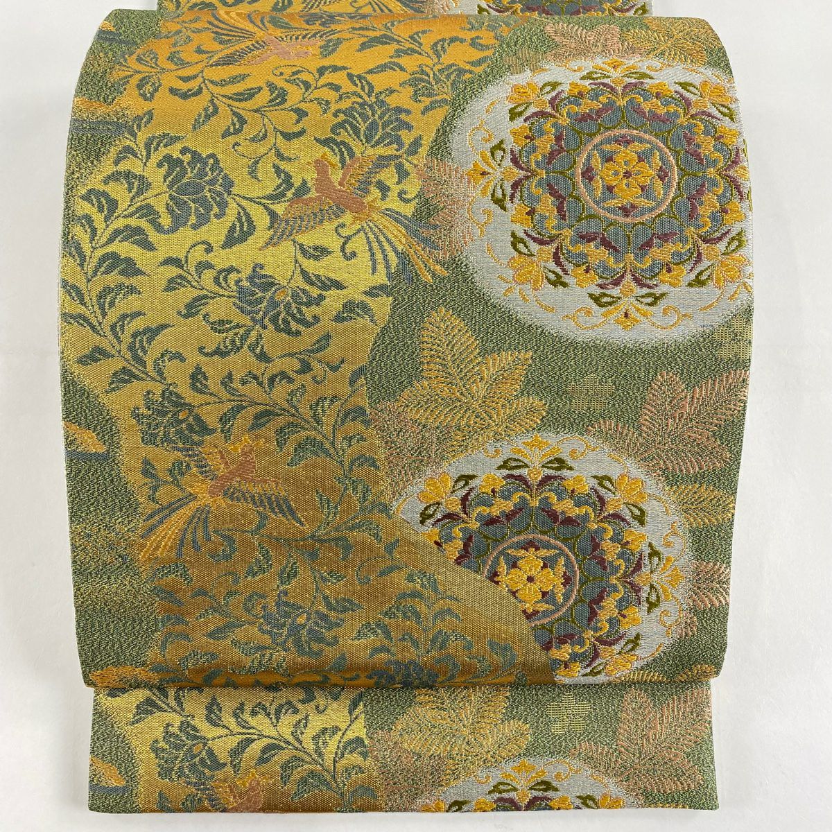 【美品】 袋帶 秀品級 華紋 花鳥 金絲 金金箔 灰綠 六通 純蠶絲