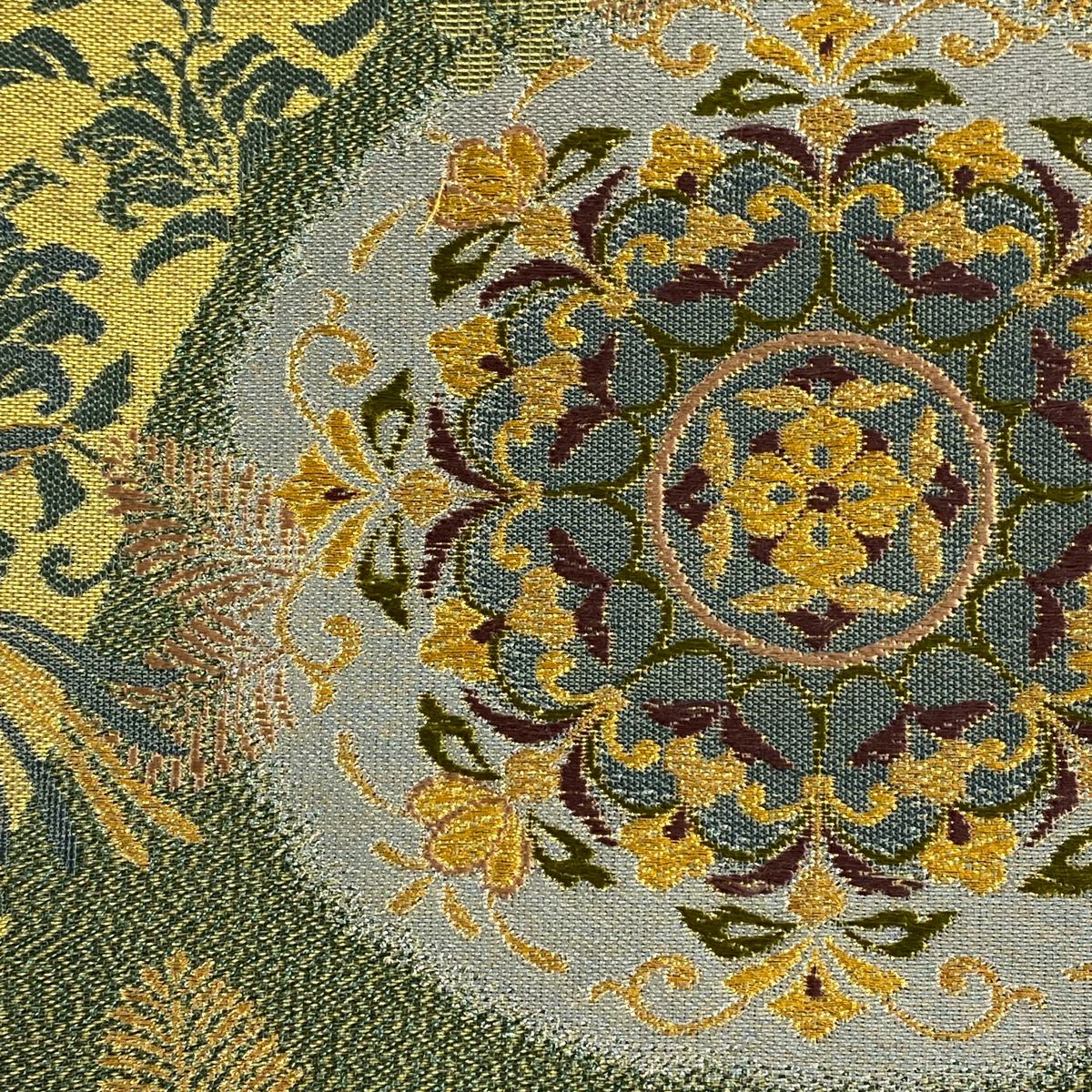 【美品】 袋帶 秀品級 華紋 花鳥 金絲 金金箔 灰綠 六通 純蠶絲