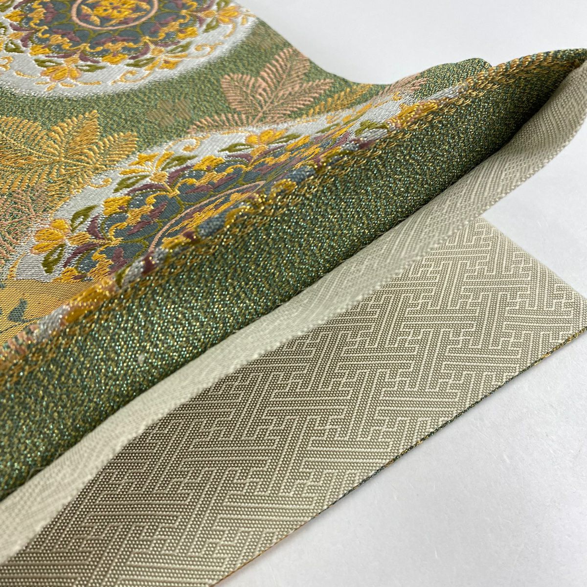 【美品】 袋帶 秀品級 華紋 花鳥 金絲 金金箔 灰綠 六通 純蠶絲