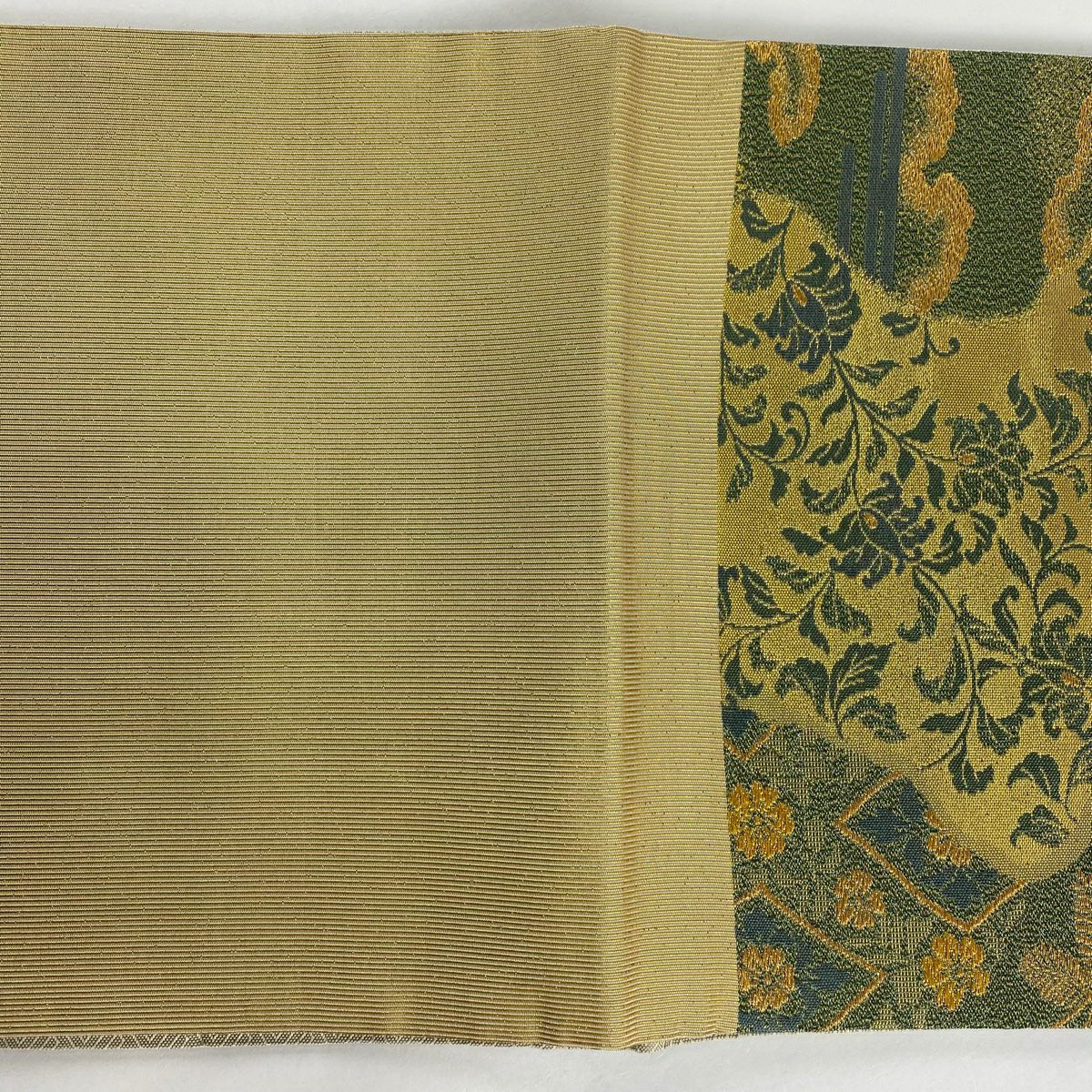 【美品】 袋帶 秀品級 華紋 花鳥 金絲 金金箔 灰綠 六通 純蠶絲