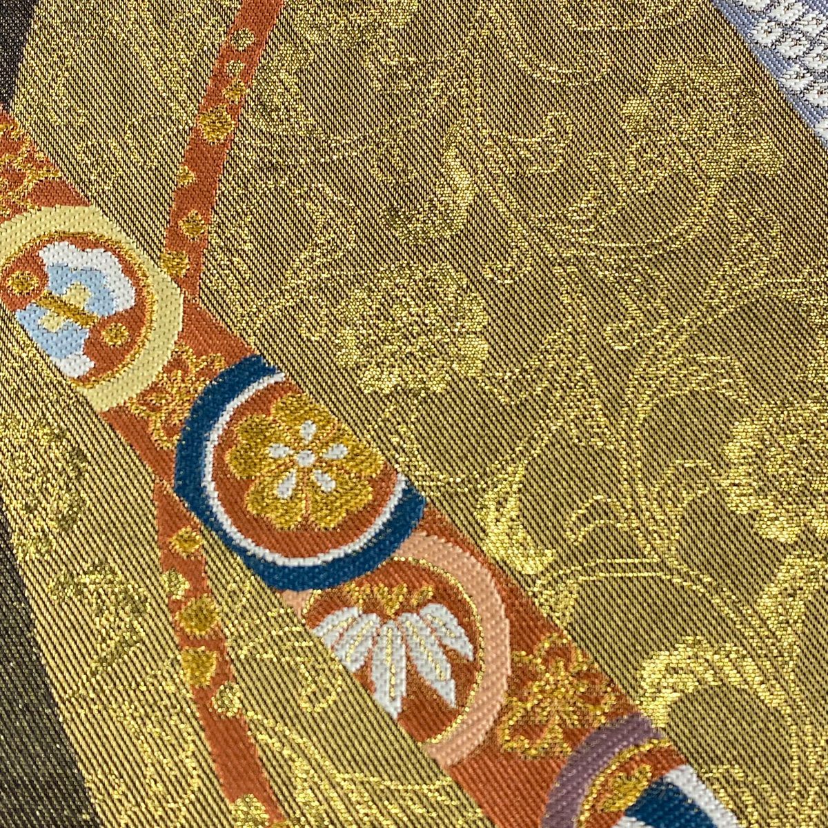 袋帶 秀品級 蔓帶 花唐草紋 金絲 金金箔 墨 深色 六通 純蠶絲
