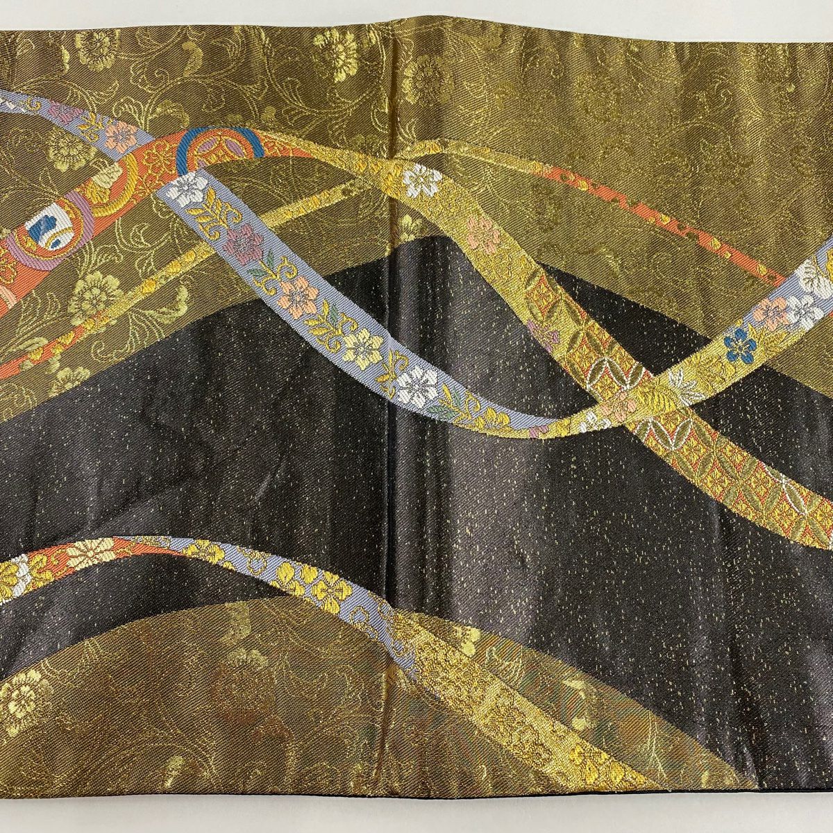 袋帶 秀品級 蔓帶 花唐草紋 金絲 金金箔 墨 深色 六通 純蠶絲