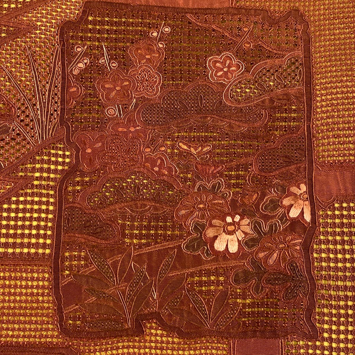 【美品】 袋帶 秀品級 紬織織 破れ色紙 松樹梅花 刺繡 小豆 深藍色 お太鼓柄 純蠶絲