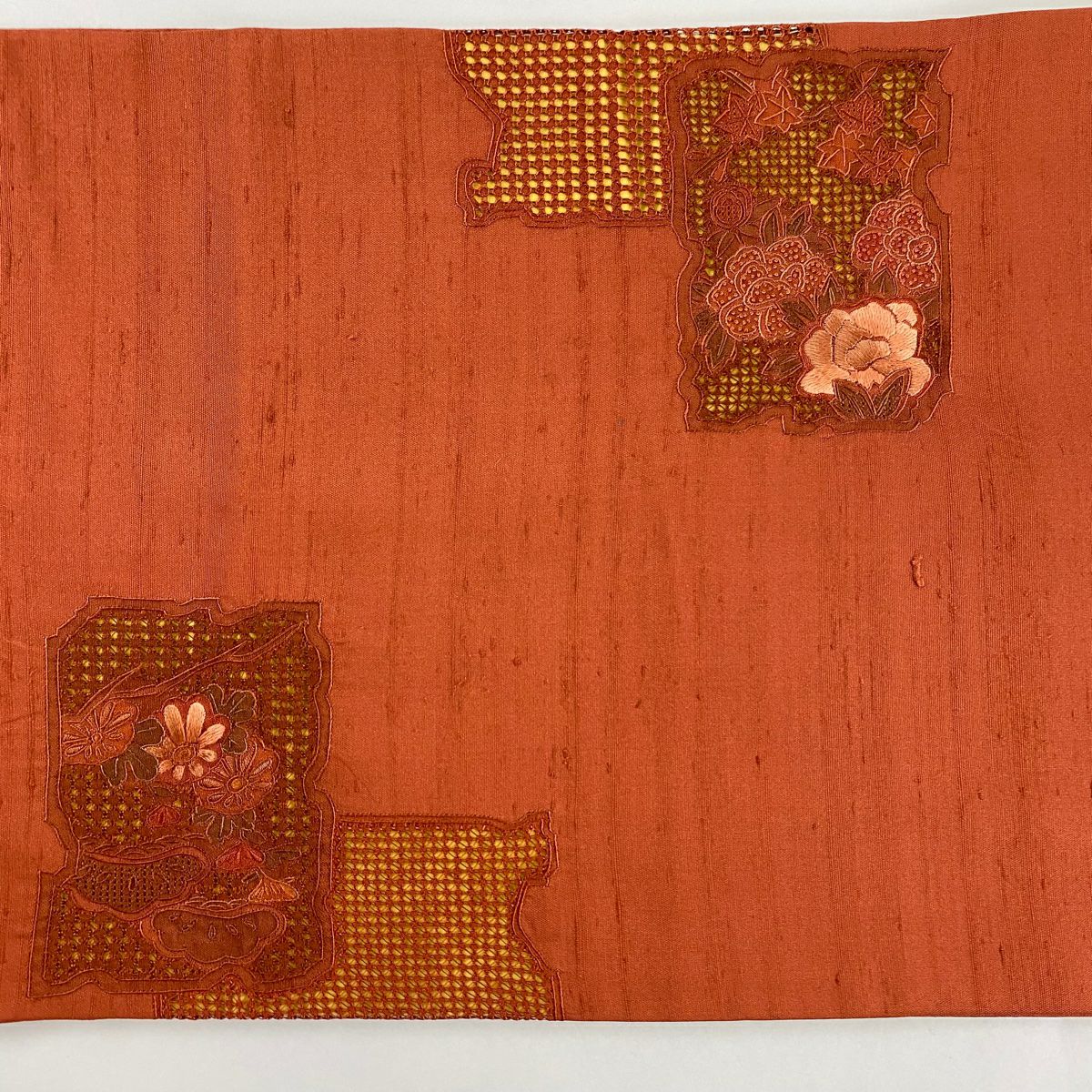 【美品】 袋帶 秀品級 紬織織 破れ色紙 松樹梅花 刺繡 小豆 深藍色 お太鼓柄 純蠶絲