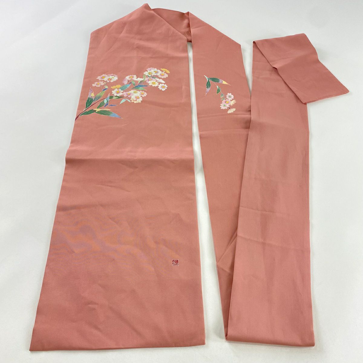 名古屋帶 秀品級 附落款 草花紋 粉紅 純蠶絲