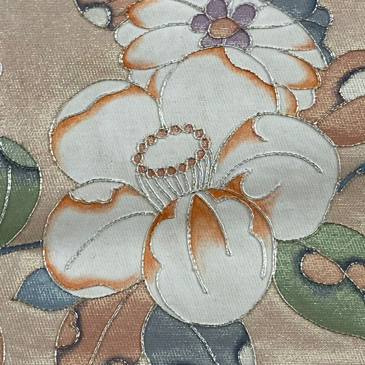 袋帶 優品級 草花紋紋 菱形 銀線 奶油色 大鼓圖案 純蠶絲
