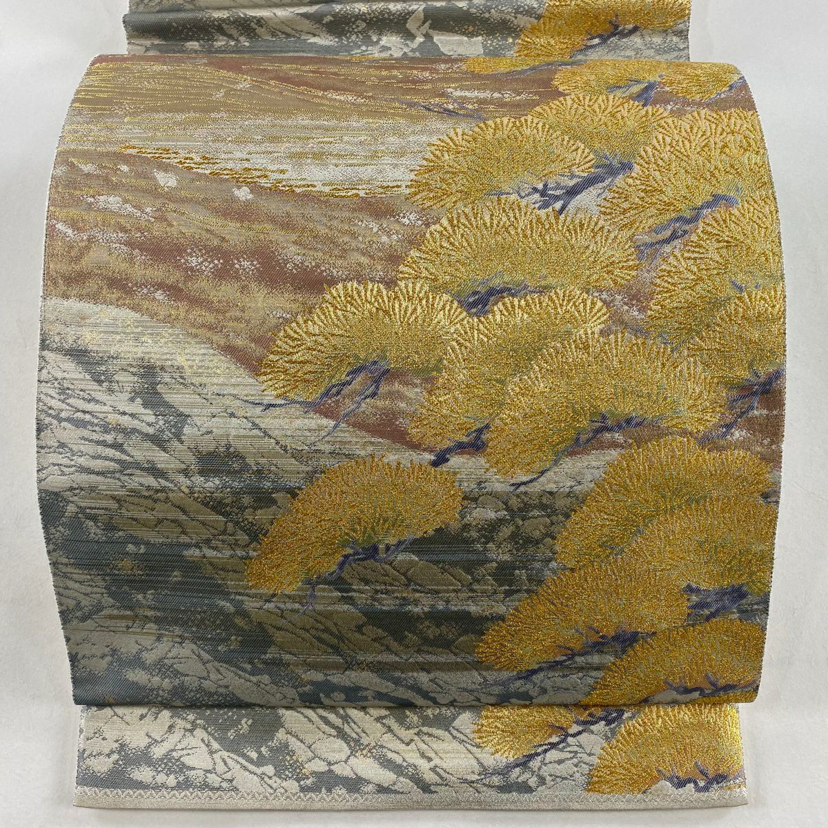 袋帶 秀品級 關西仕立 雜松樹 霞 金絲 金金箔 灰茶 六通 純蠶絲