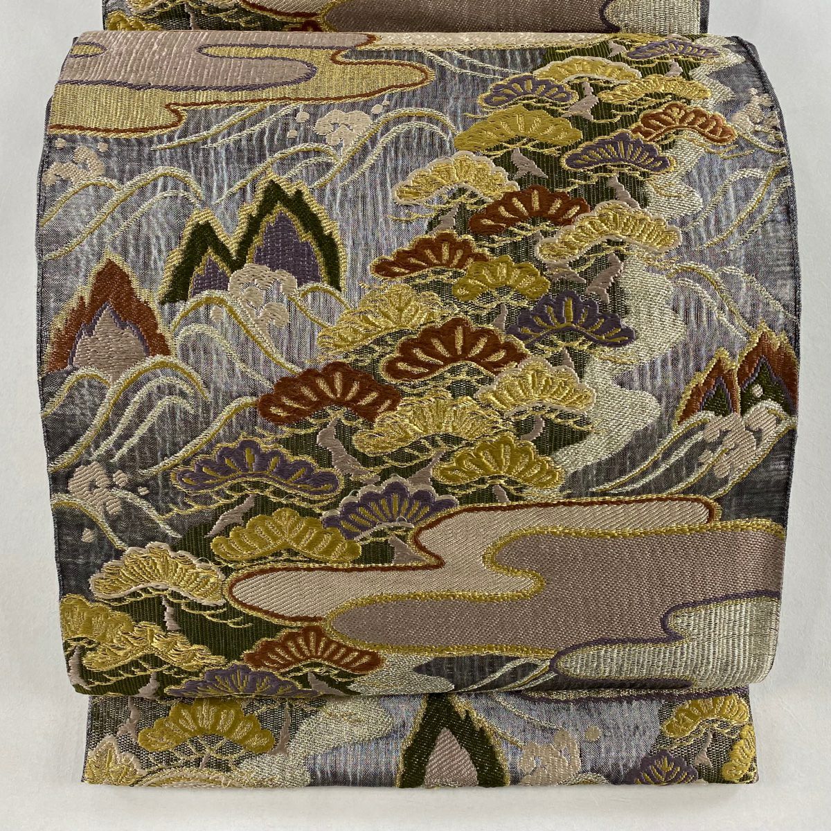 袋帶 秀品級 手織 麗絲 霞 笠松樹 刺繡 金銀絲 灰紫 六通 純蠶絲