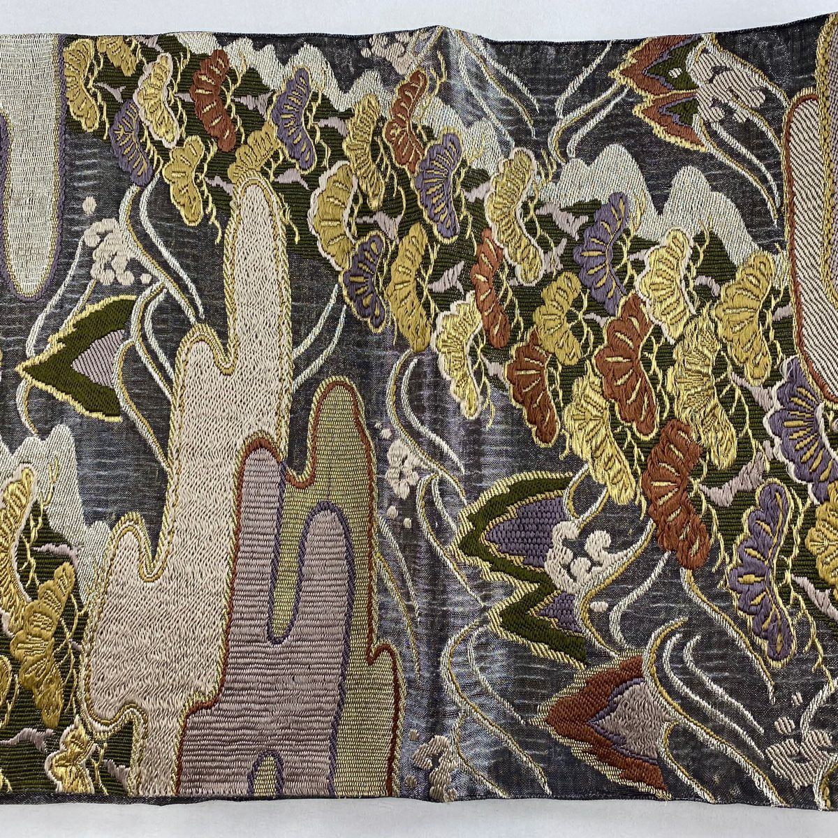 袋帶 秀品級 手織 麗絲 霞 笠松樹 刺繡 金銀絲 灰紫 六通 純蠶絲