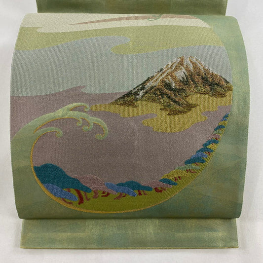袋帶 秀品級 本金青銅金金箔 波頭 松樹 金銀絲 金金箔 灰綠 お太鼓圖案 純蠶絲