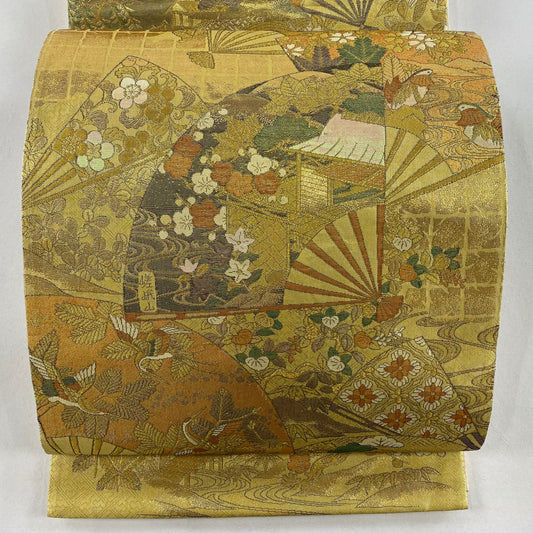 袋帶 秀品級 扇子子 御所車 金絲 金金箔 金色 大鼓圖案 純蠶絲