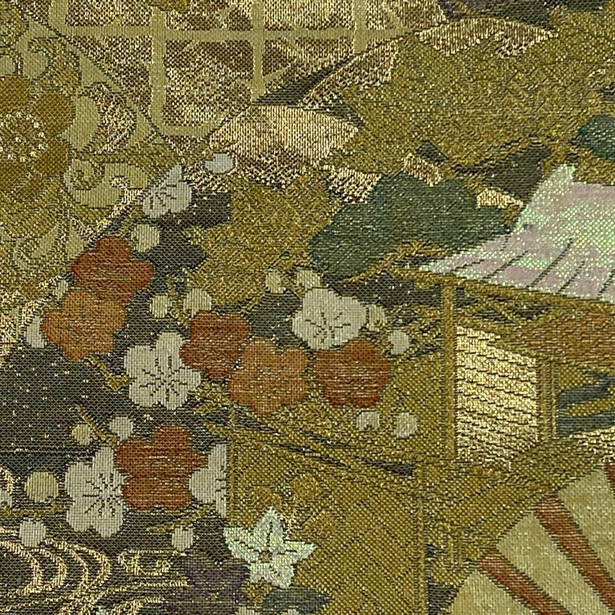 袋帶 秀品級 扇子子 御所車 金絲 金金箔 金色 大鼓圖案 純蠶絲