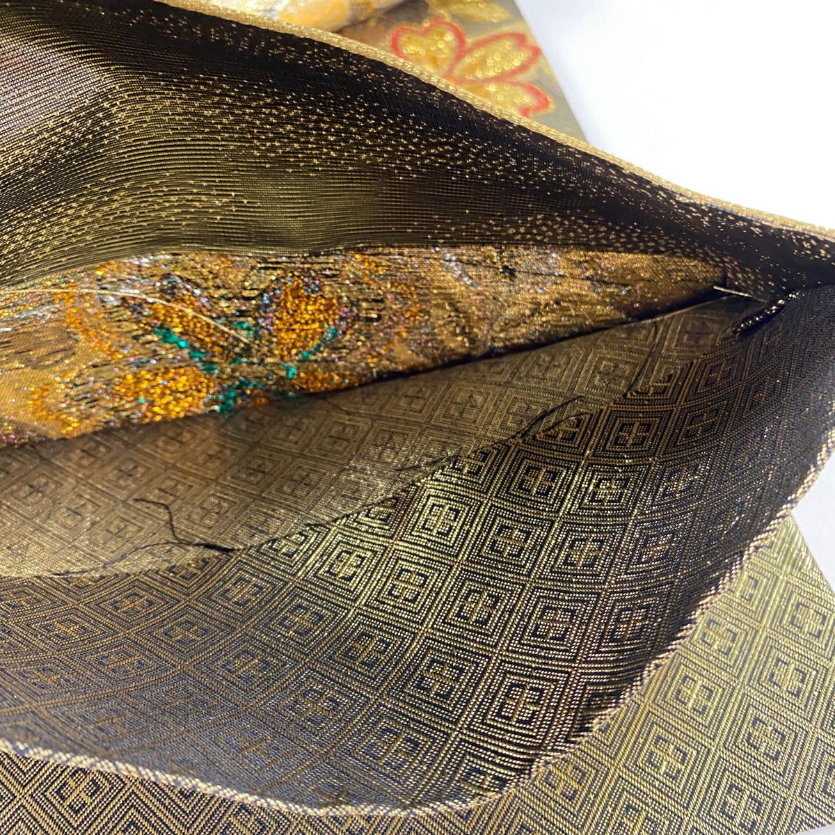 袋帶 秀品級 櫻花 幾何圖案 金銀線 金金箔 金色 六通 純蠶絲