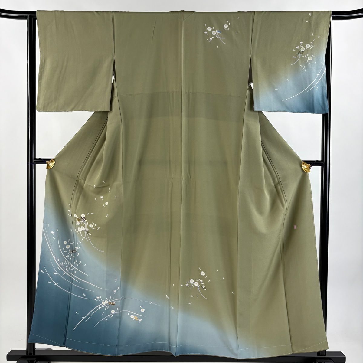 付下 身長156.5cm 袖長64cm M 雙層 落款 花 扇子面 金銀彩 漸層 灰綠 純蠶絲 優品級