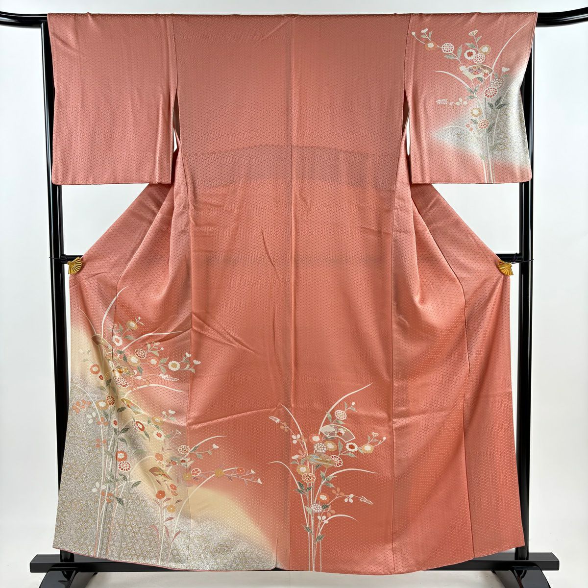 付下 身長159cm 袖長64.5cm M 雙層 秋草 扇子面 金絲 金銀彩 粉紅 純蠶絲 優品級