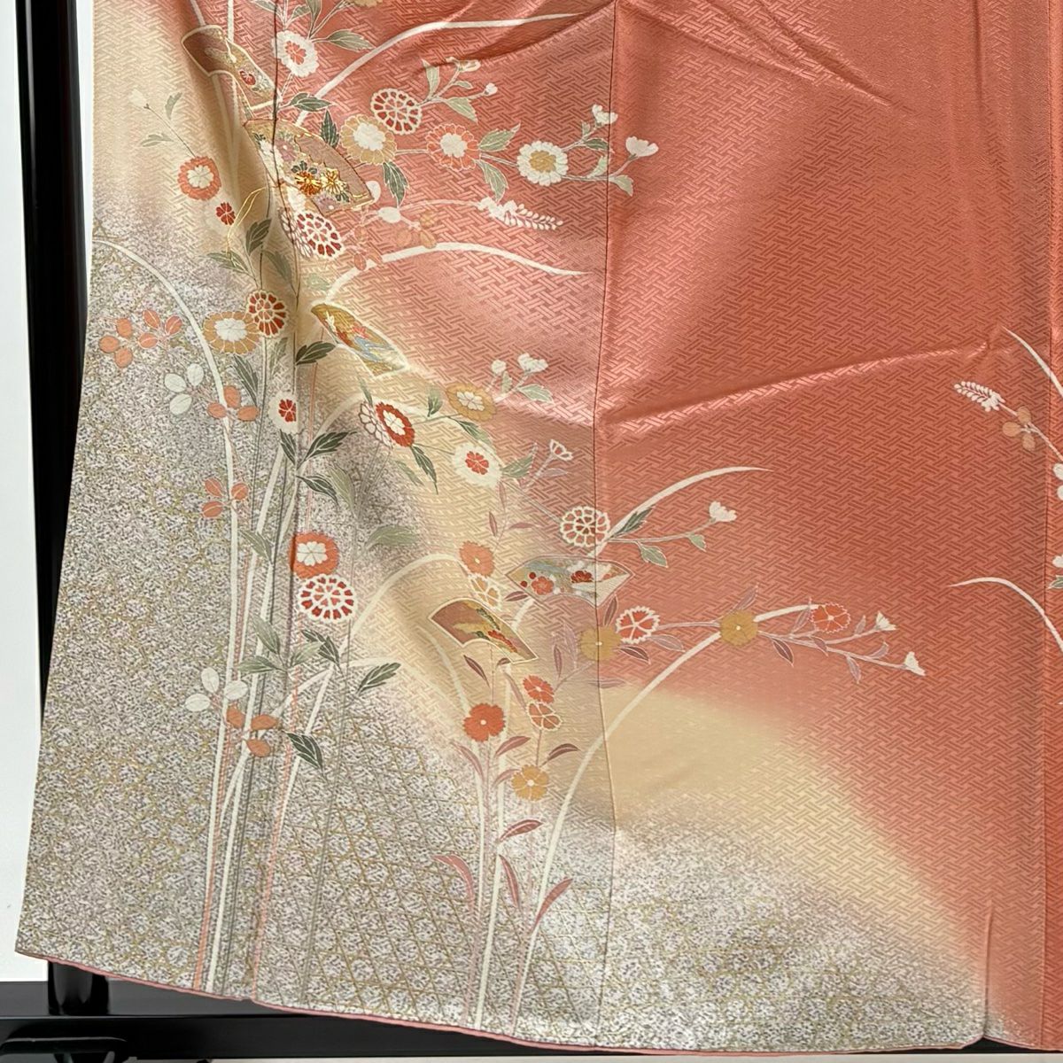 付下 身長159cm 袖長64.5cm M 雙層 秋草 扇子面 金絲 金銀彩 粉紅 純蠶絲 優品級