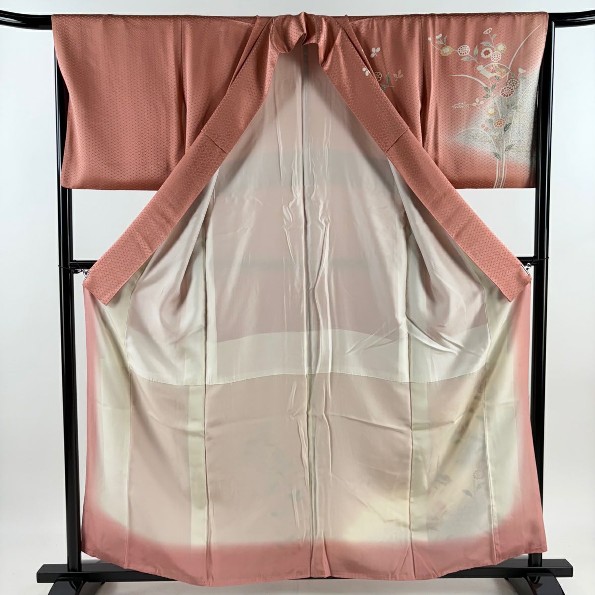 付下 身長159cm 袖長64.5cm M 雙層 秋草 扇子面 金絲 金銀彩 粉紅 純蠶絲 優品級