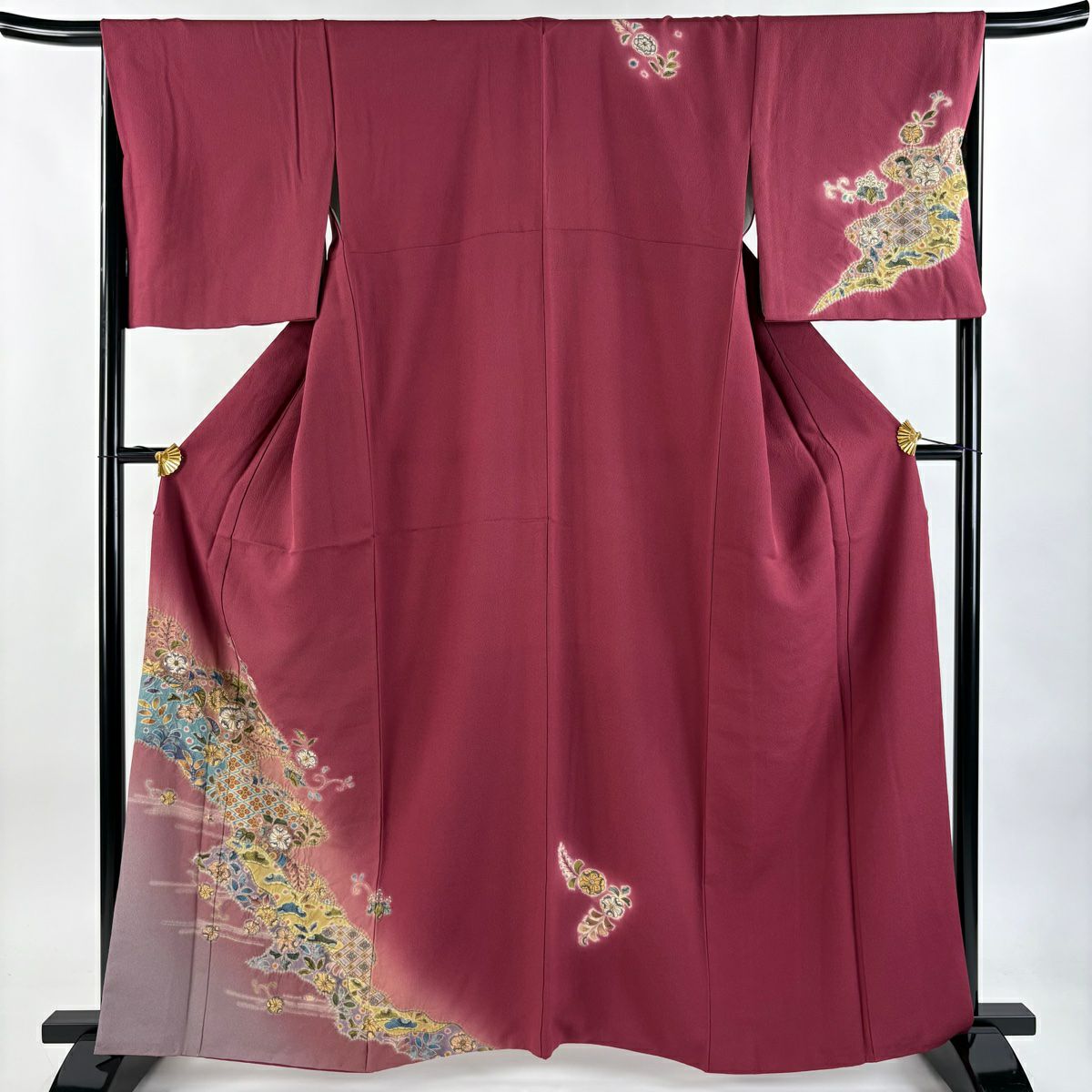 付下 身長163cm 袖長66cm M 雙層 草花紋紋 霞 金銀彩 漸層 茜 純蠶絲 優品級