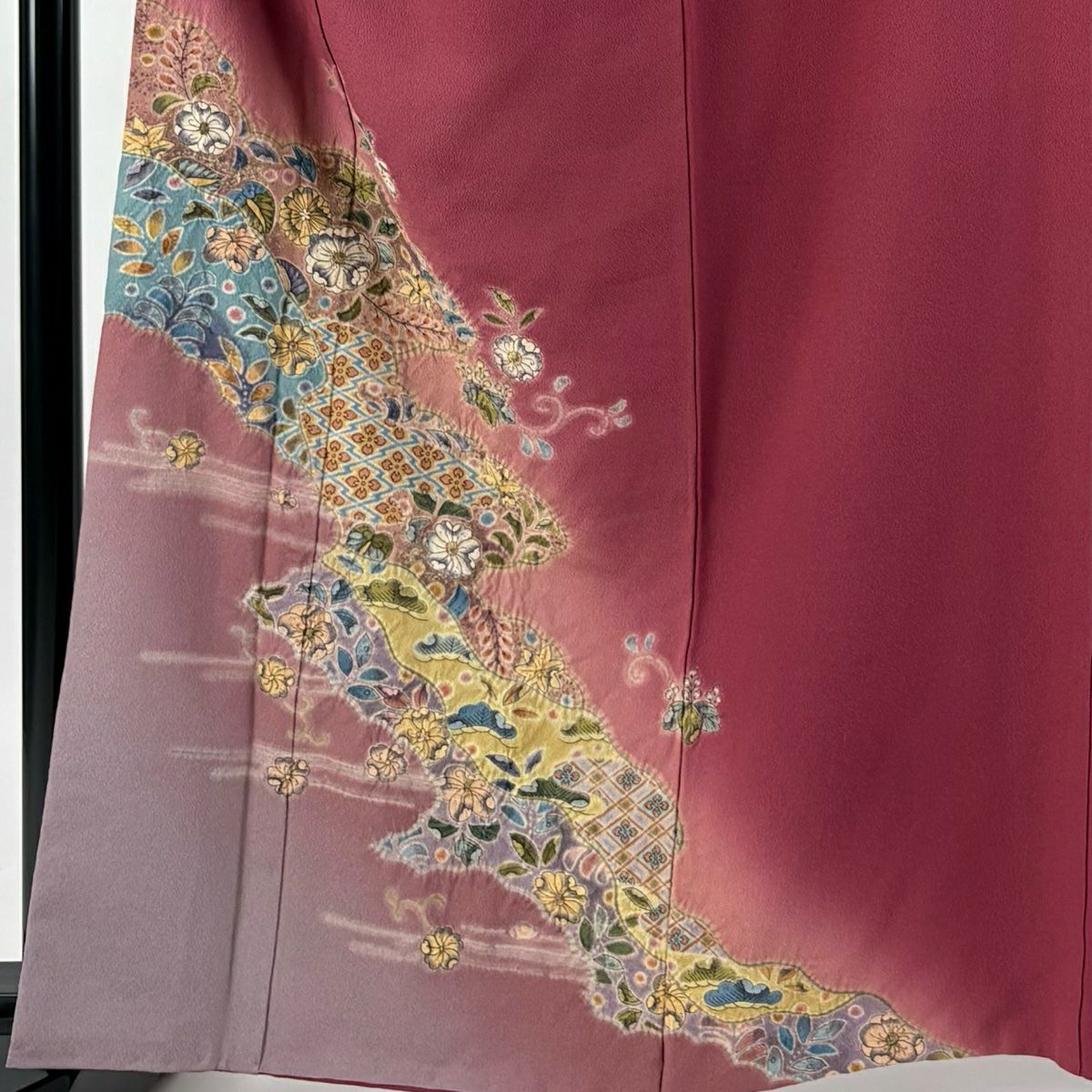 付下 身長163cm 袖長66cm M 雙層 草花紋紋 霞 金銀彩 漸層 茜 純蠶絲 優品級