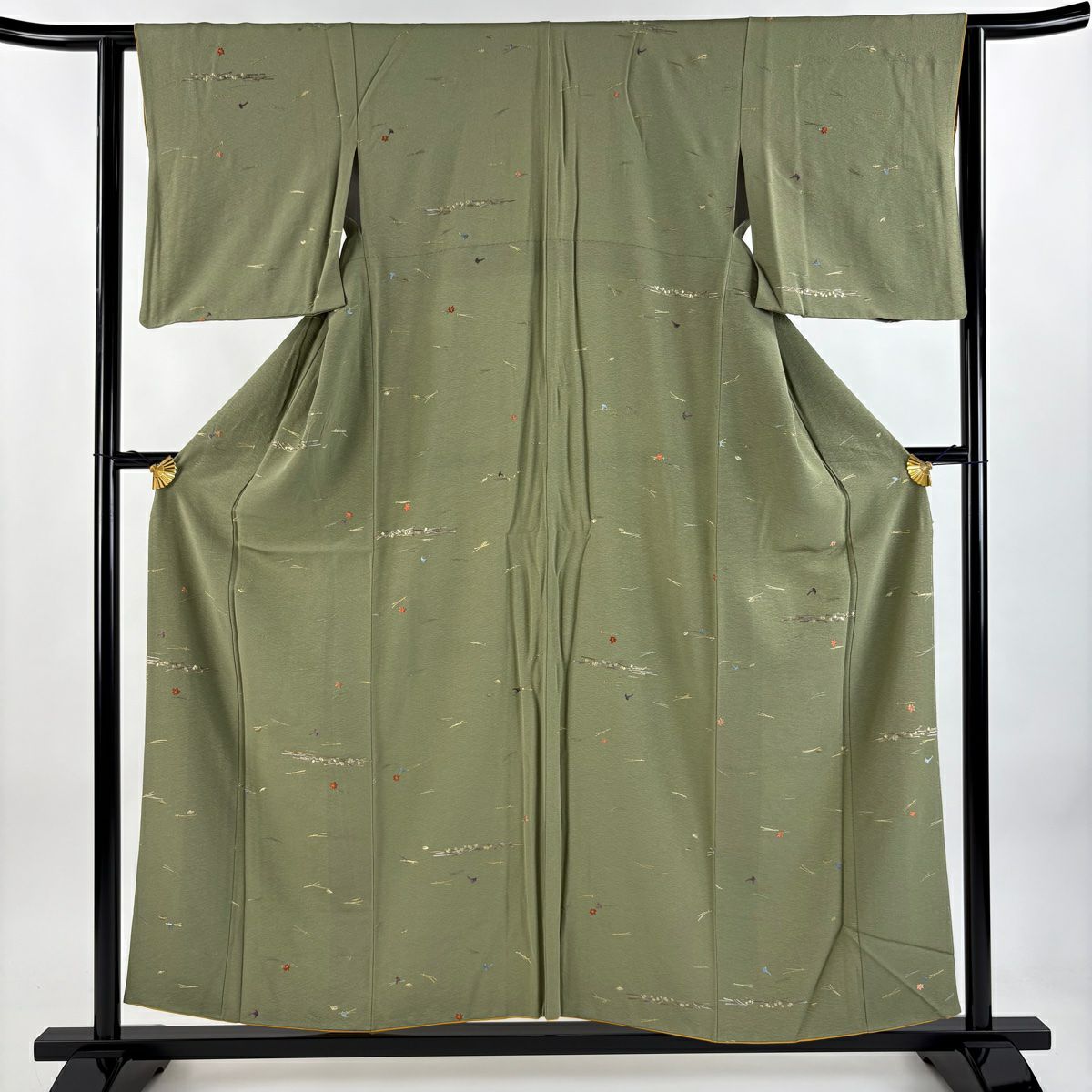 小紋 身長155.5cm 袖長62cm S 雙層 大和 松樹葉 葉紋 刺繡 金絲 蓬色 純蠶絲 優品級