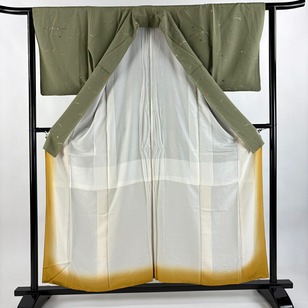 小紋 身長155.5cm 袖長62cm S 雙層 大和 松樹葉 葉紋 刺繡 金絲 蓬色 純蠶絲 優品級