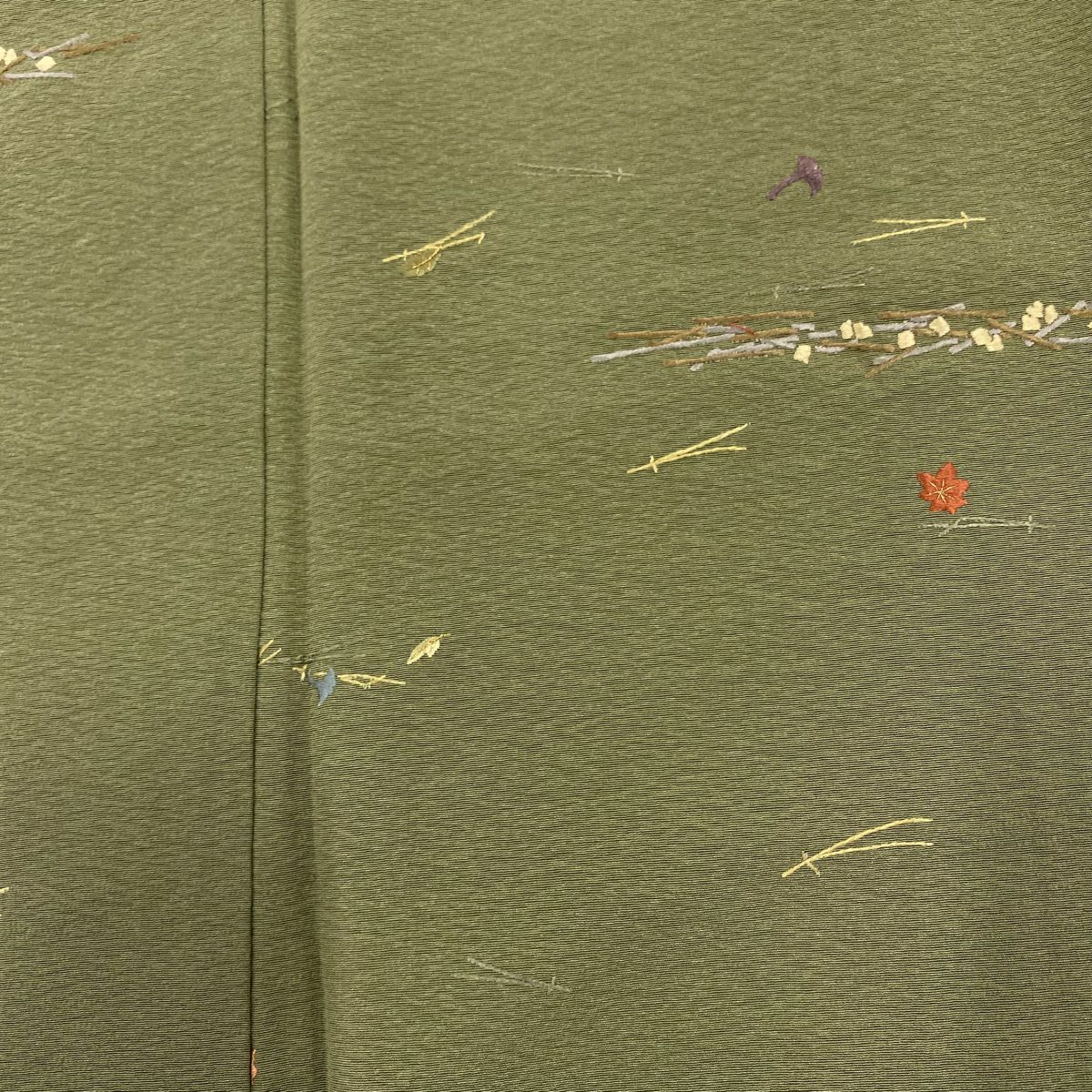小紋 身長155.5cm 袖長62cm S 雙層 大和 松樹葉 葉紋 刺繡 金絲 蓬色 純蠶絲 優品級