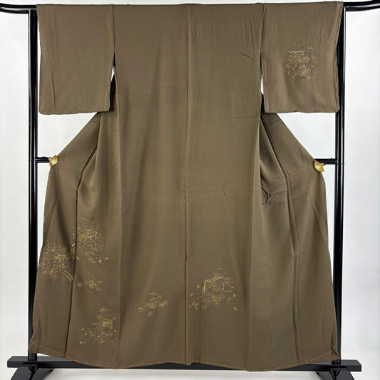 付下 身長155cm 袖長64.5cm M 雙層 御所車 菊花 花紋刺繡 金絲 焦茶 純蠶絲 優品級