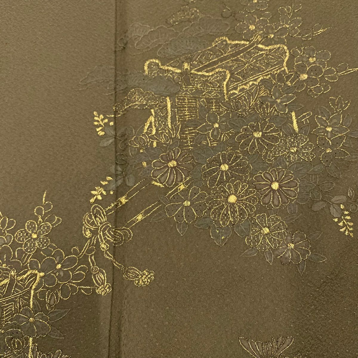 付下 身長155cm 袖長64.5cm M 雙層 御所車 菊花 花紋刺繡 金絲 焦茶 純蠶絲 優品級