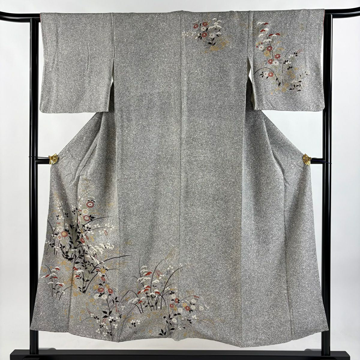 訪問服 身長151.5cm 袖長61.5cm S 雙層 秋草 流水 金彩裝飾 黑灰 純蠶絲 秀品級