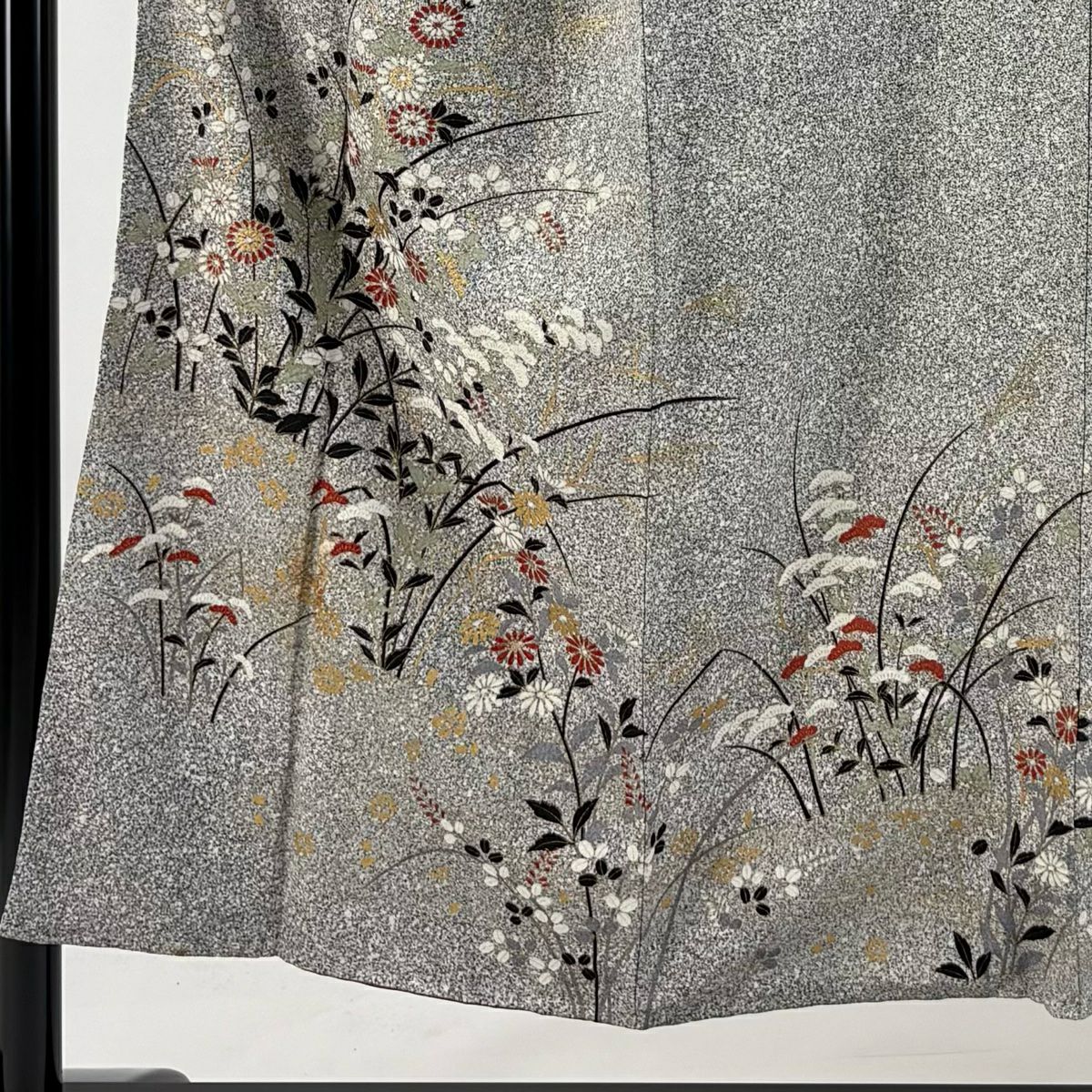 訪問服 身長151.5cm 袖長61.5cm S 雙層 秋草 流水 金彩裝飾 黑灰 純蠶絲 秀品級