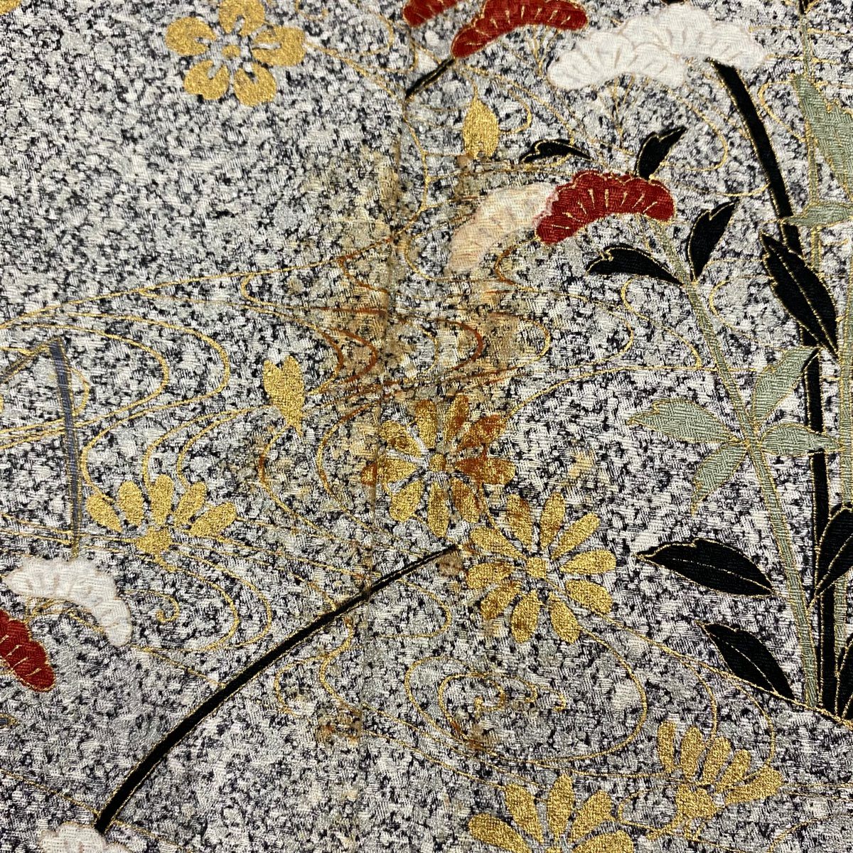 訪問服 身長151.5cm 袖長61.5cm S 雙層 秋草 流水 金彩裝飾 黑灰 純蠶絲 秀品級