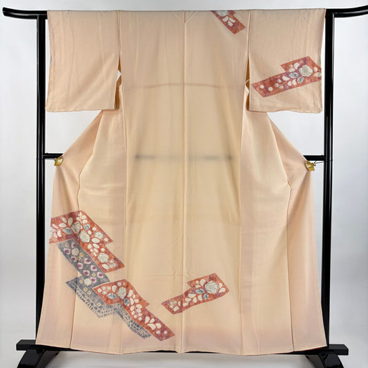 付下 身長159cm 袖長61.5cm S 雙層 草花紋紋 幾何學 絞染 淺橙 純蠶絲 優品級