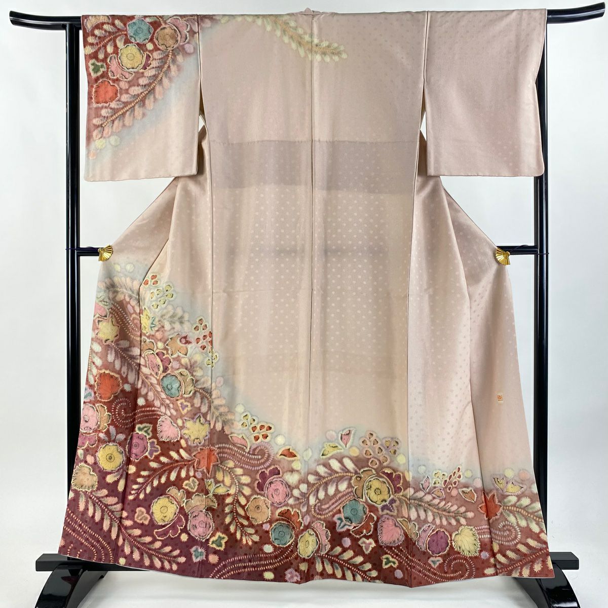 訪問服 身長170cm 袖長63.5cm S 雙層 落款あり 辻花染 銀通し 絞染 淺粉色 純蠶絲 名品級 一つ紋
