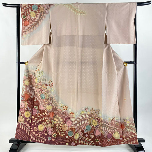訪問服 身長170cm 袖長63.5cm S 雙層 落款あり 辻花染 銀通し 絞染 淺粉色 純蠶絲 名品級 一つ紋