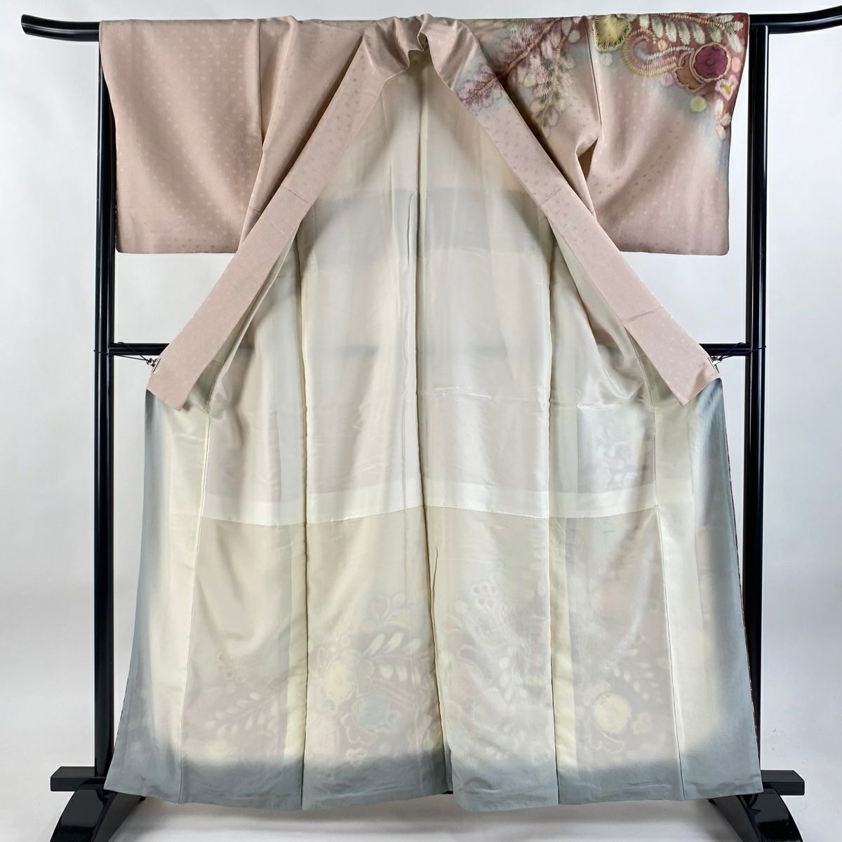 訪問服 身長170cm 袖長63.5cm S 雙層 落款あり 辻花染 銀通し 絞染 淺粉色 純蠶絲 名品級 一つ紋