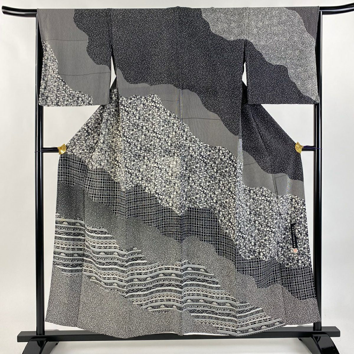 訪問服 身長150cm 袖長65.5cm M 單層 草花紋紋 格子 黑灰 純蠶絲 名品級
