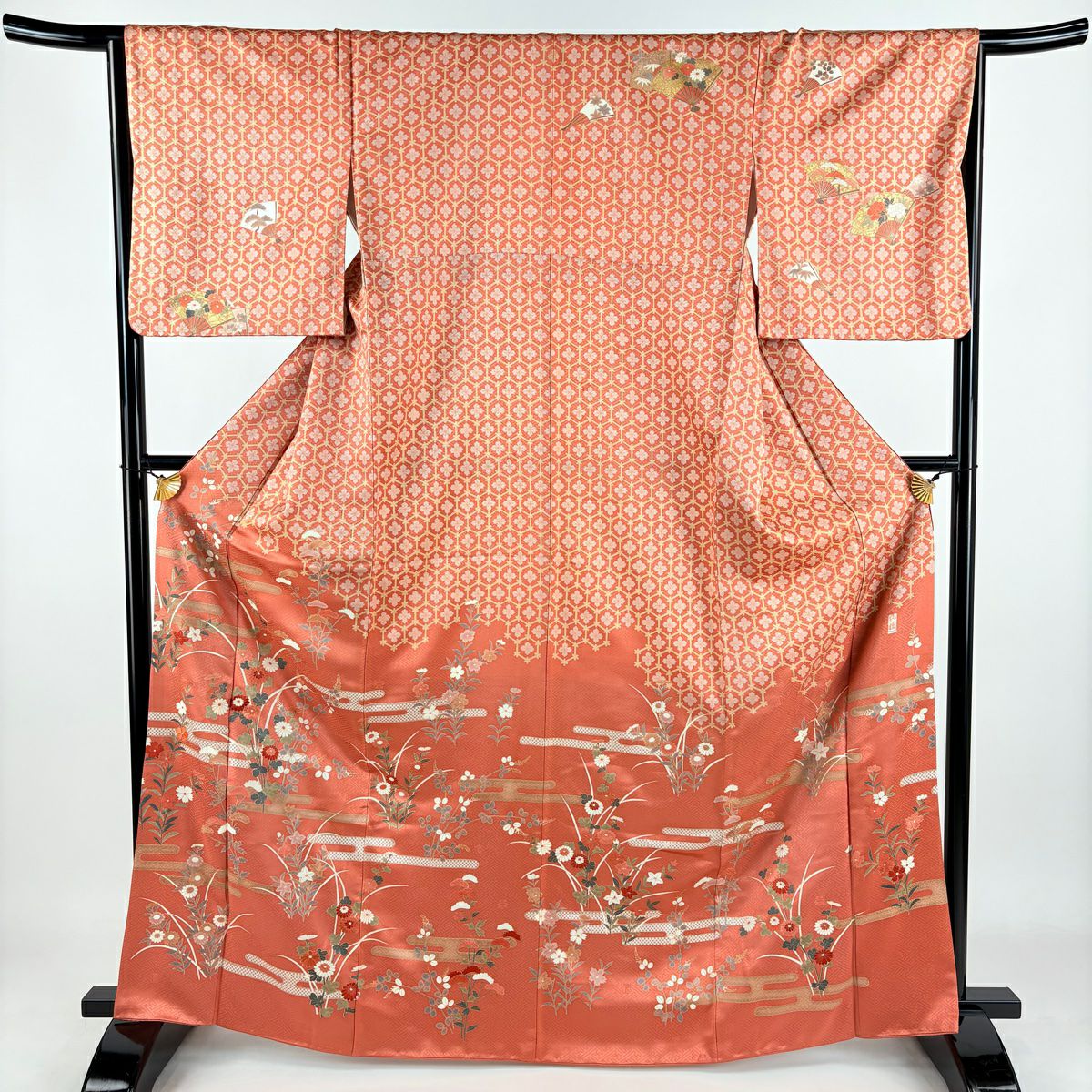 訪問服 身長166cm 袖長66cm M 雙層 吾妻德穗 落款 秋草紋 ヱ霞 金銀彩 刺繡 粉紅 純蠶絲 名品級 一つ紋