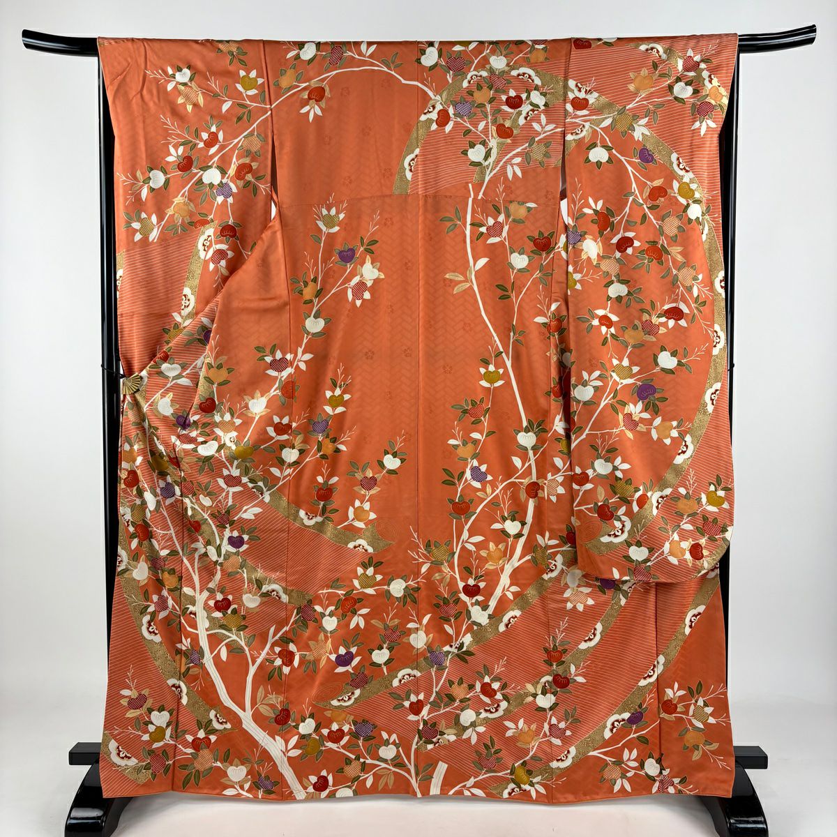 【庫存清倉】振袖禮服 身長167.5cm 袖長66.5cm M 雙層 吾妻德穗 有落款 橘 御簾 金絲 金銀彩 淺橙色 純蠶絲 名品級