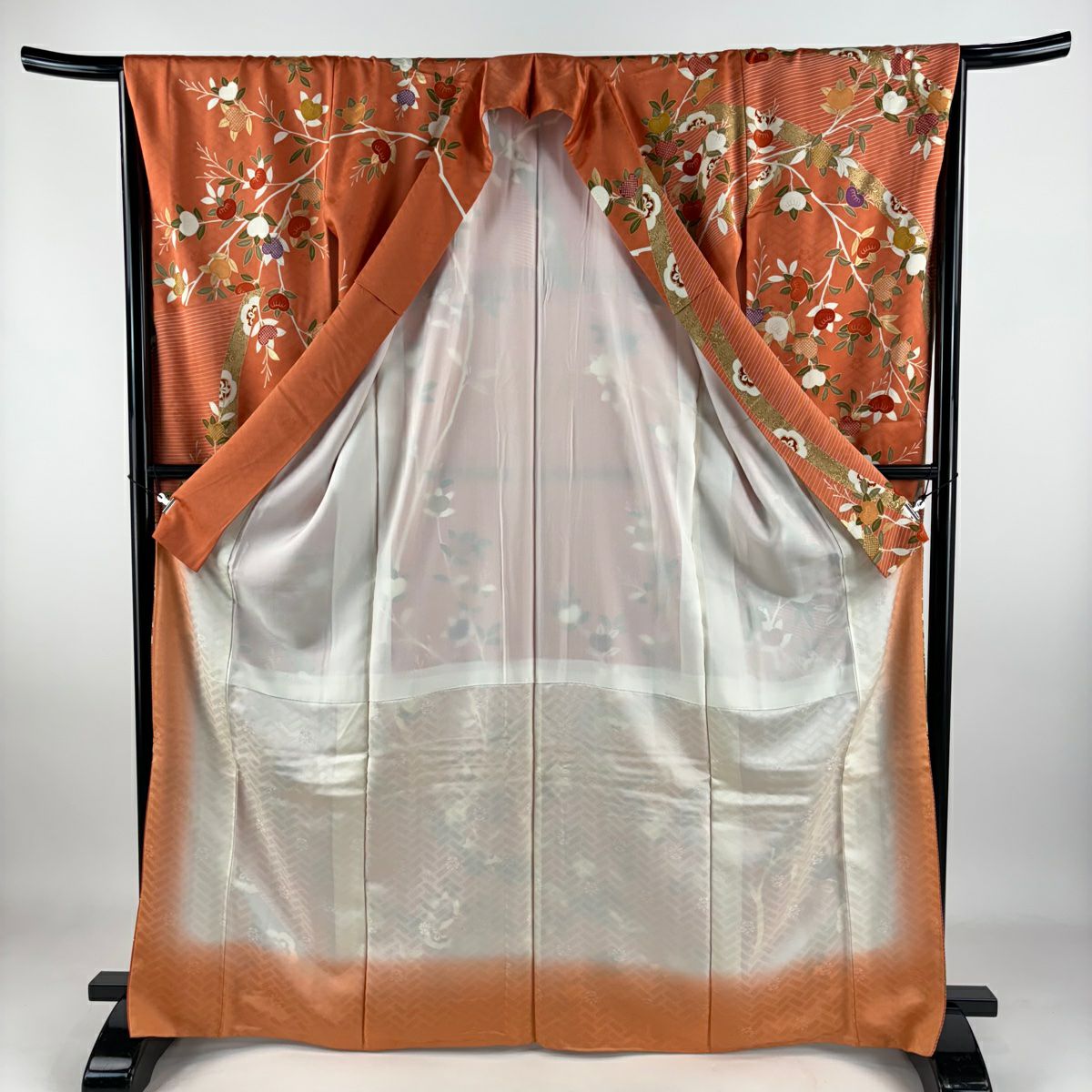 【庫存清倉】振袖禮服 身長167.5cm 袖長66.5cm M 雙層 吾妻德穗 有落款 橘 御簾 金絲 金銀彩 淺橙色 純蠶絲 名品級