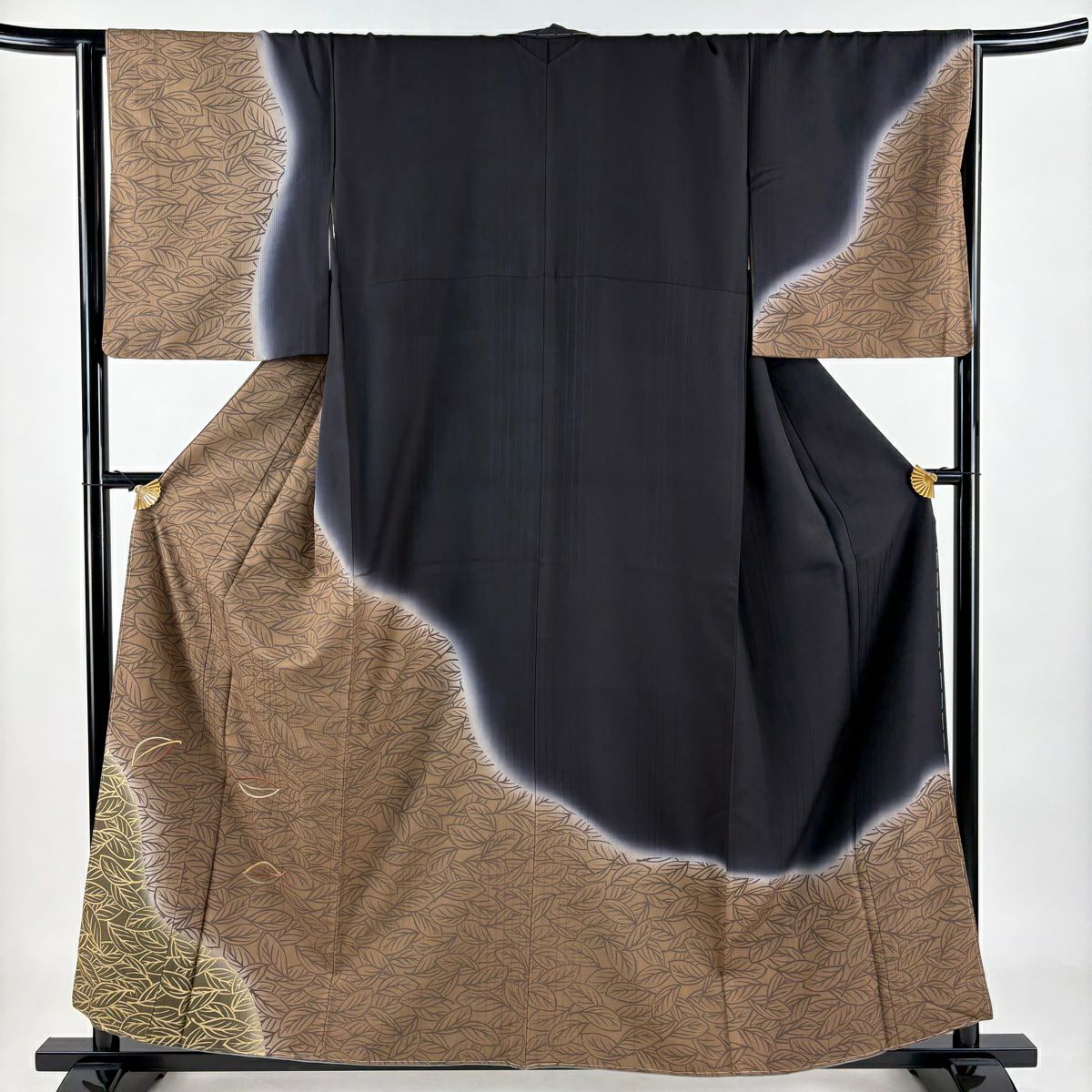 【美品】訪問服 身長159cm 袖長65cm M 雙層 葉 金絲 金銀彩 茶 純蠶絲 名品級