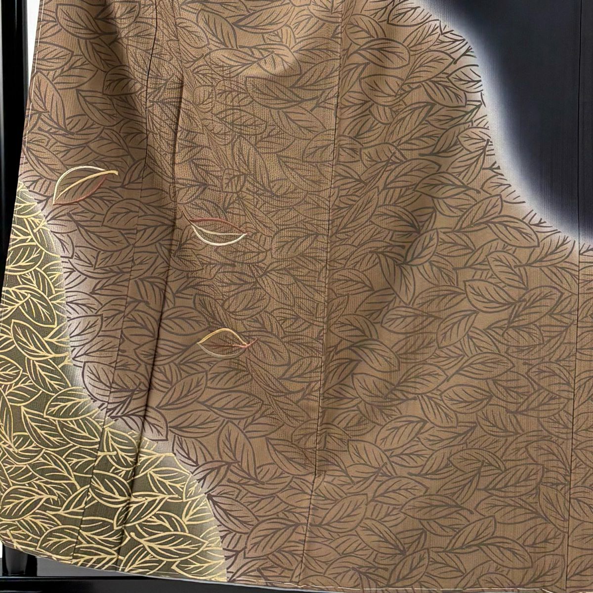 【美品】訪問服 身長159cm 袖長65cm M 雙層 葉 金絲 金銀彩 茶 純蠶絲 名品級