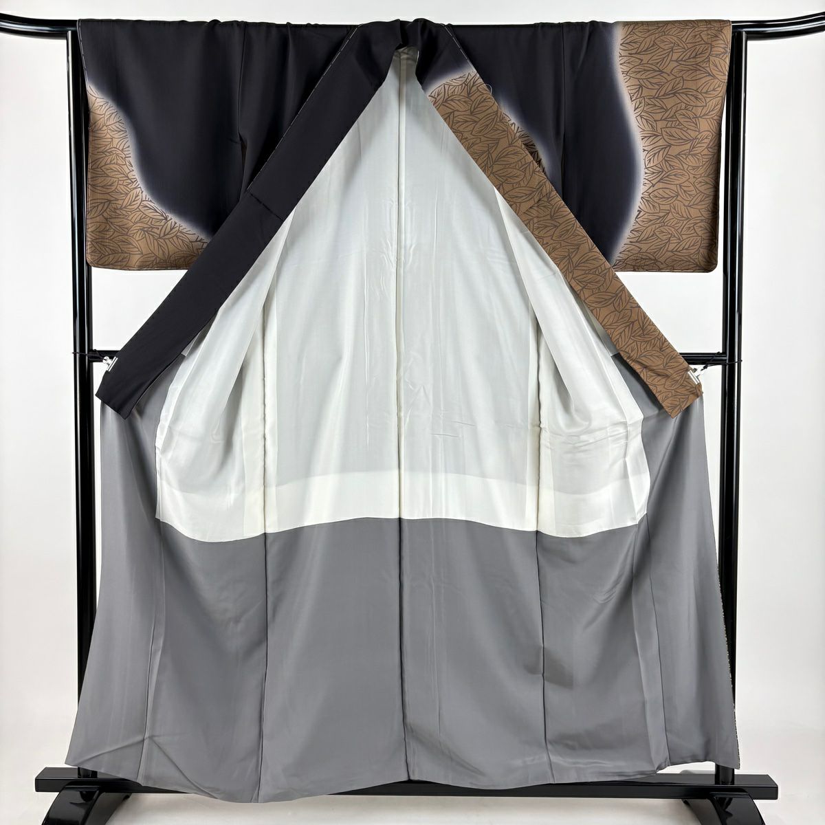 【美品】訪問服 身長159cm 袖長65cm M 雙層 葉 金絲 金銀彩 茶 純蠶絲 名品級