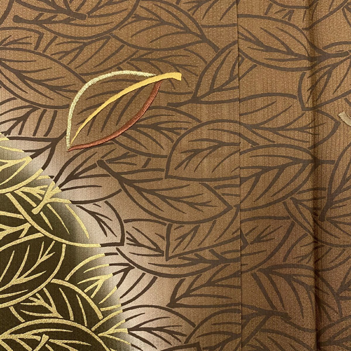 【美品】訪問服 身長159cm 袖長65cm M 雙層 葉 金絲 金銀彩 茶 純蠶絲 名品級
