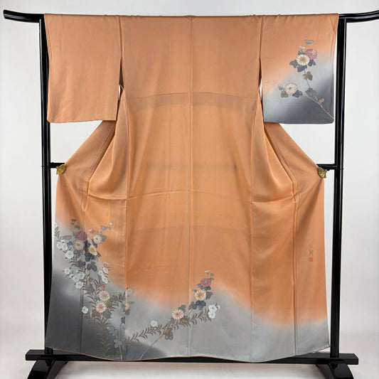 【庫存清倉】訪問服 身長157cm 袖長64cm M 雙層 草野一騎 落款あり 菊花 辻花染 漸層 淺橙色 純蠶絲 名品級