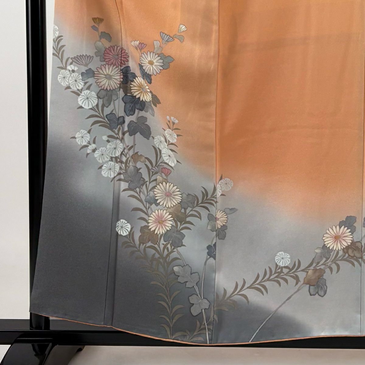 【庫存清倉】訪問服 身長157cm 袖長64cm M 雙層 草野一騎 落款あり 菊花 辻花染 漸層 淺橙色 純蠶絲 名品級