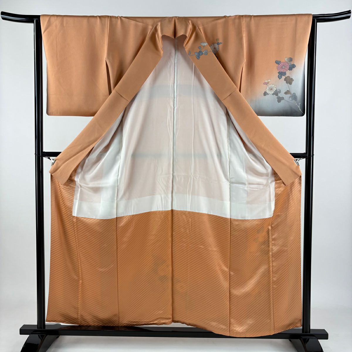 【庫存清倉】訪問服 身長157cm 袖長64cm M 雙層 草野一騎 落款あり 菊花 辻花染 漸層 淺橙色 純蠶絲 名品級