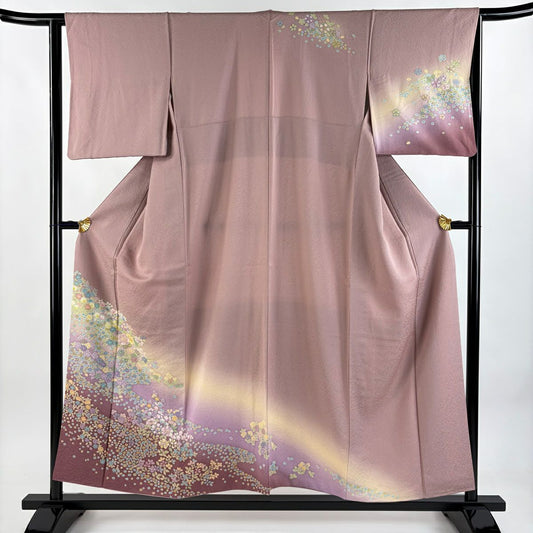 【庫存清倉】 【美品】 訪問服 身長154cm 袖長63.5cm S 雙層 草花紋紋 霞 漸層 淺小豆色 純蠶絲 名品級