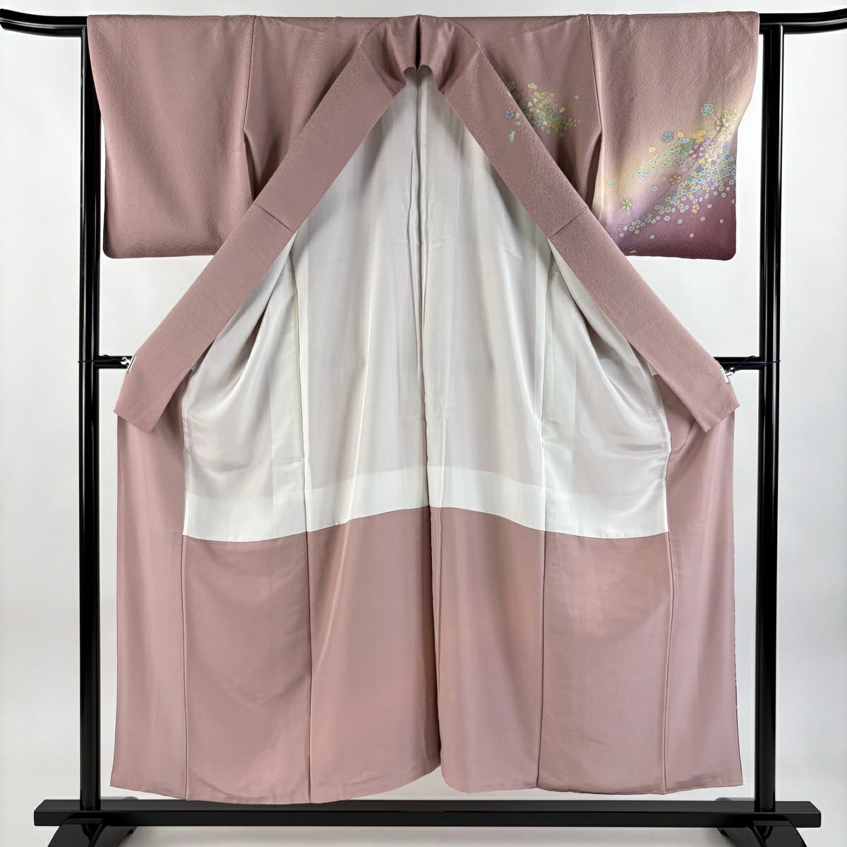 【庫存清倉】 【美品】 訪問服 身長154cm 袖長63.5cm S 雙層 草花紋紋 霞 漸層 淺小豆色 純蠶絲 名品級