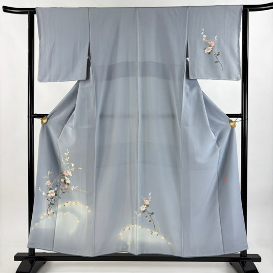 【庫存清倉】 付下 身長155.5cm 袖長62cm S 雙層 南克治 有落款 枝花 漸層 青灰色 純蠶絲 名品級