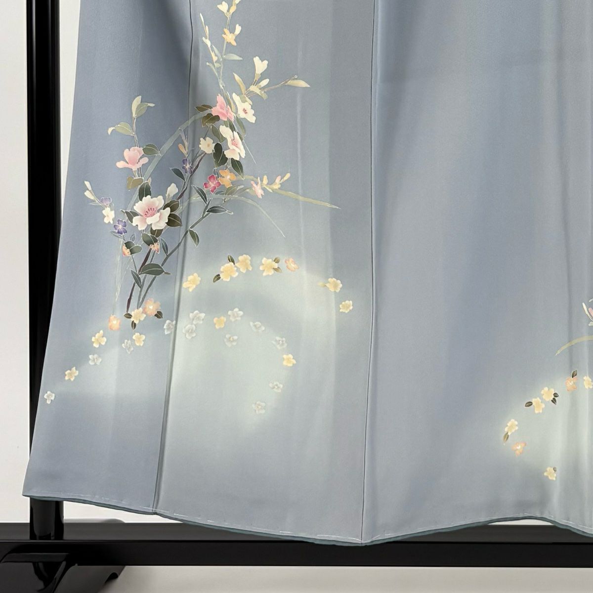 【庫存清倉】 付下 身長155.5cm 袖長62cm S 雙層 南克治 有落款 枝花 漸層 青灰色 純蠶絲 名品級